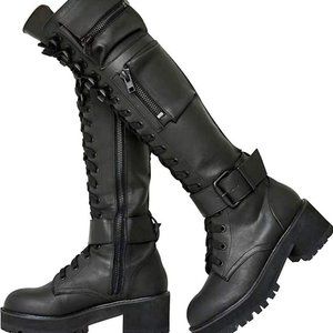 Black knee high military platform boots